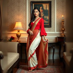 A Thailand model exudes confidence and allure, dressed in a stylish muga, cream, and red Mekhela Chadar paired with a red blouse and high heels