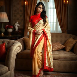 A Thailand model exudes confidence and allure, dressed in a stylish muga, cream, and red Mekhela Chadar paired with a red blouse and high heels