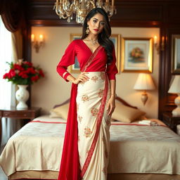 A Thailand model exudes confidence and allure, dressed in a stylish muga, cream, and red Mekhela Chadar paired with a red blouse and high heels