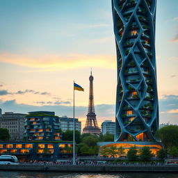 A bionically shaped skyscraper with smooth lines and zigzags, visible in its entirety