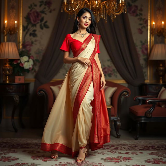 A visually striking scene capturing a Thailand supermodel exuding elegance in a muga, cream, and red Mekhela Chadar with a red blouse and high heels