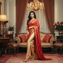 A visually striking scene capturing a Thailand supermodel exuding elegance in a muga, cream, and red Mekhela Chadar with a red blouse and high heels