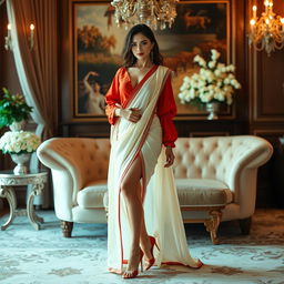 A visually striking scene capturing a Thailand supermodel exuding elegance in a muga, cream, and red Mekhela Chadar with a red blouse and high heels