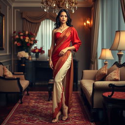 A visually striking scene capturing a Thailand supermodel exuding elegance in a muga, cream, and red Mekhela Chadar with a red blouse and high heels