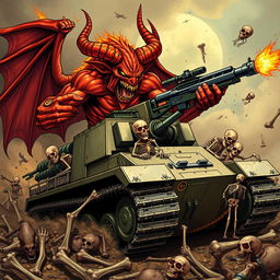 A furious demon wielding a firearm, wreaking havoc on skeletal calaveras from a war tank