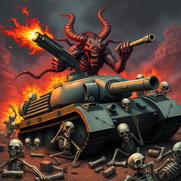 A furious demon wielding a firearm, wreaking havoc on skeletal calaveras from a war tank