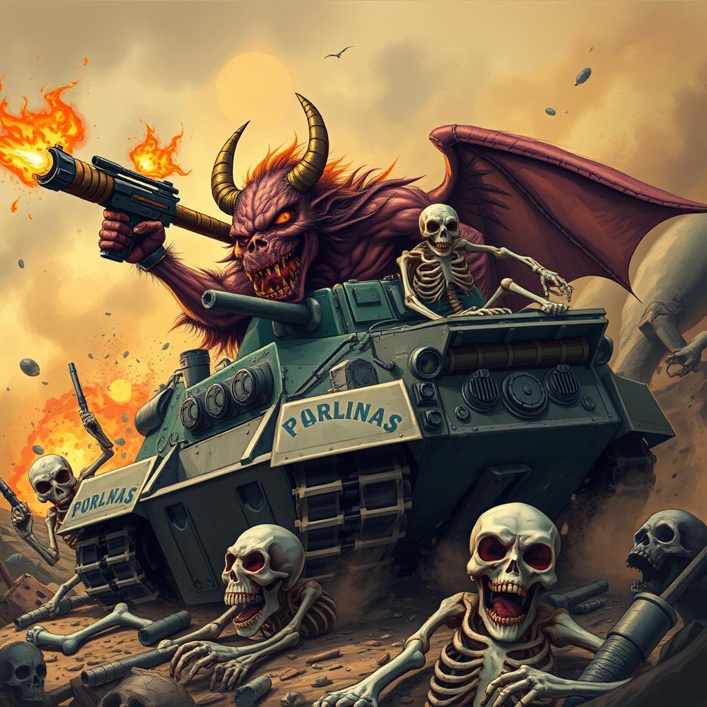 A furious demon wielding a firearm, wreaking havoc on skeletal calaveras from a war tank