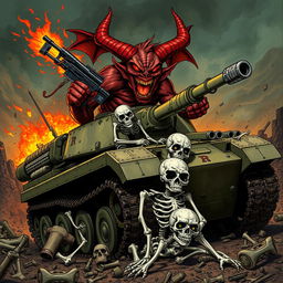 A furious demon wielding a firearm, wreaking havoc on skeletal calaveras from a war tank