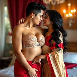 Thailand pornstar supermodel with voluptuous curves, wearing a delicate bra that accentuates her bust and a muga, cream, and red Mekhela Chadar with a red blouse and high heels