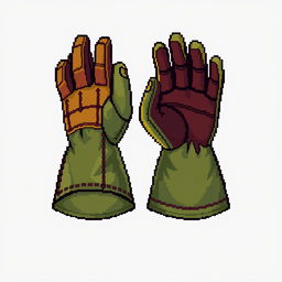 Pixel art of a pair of gloves, highly detailed, 32x32 pixel dimensions, vibrant colors, intricate shading, distinct features like stitches and fabric texture, one glove open and one closed to showcase different perspectives, centered on a neutral background for gaming asset use