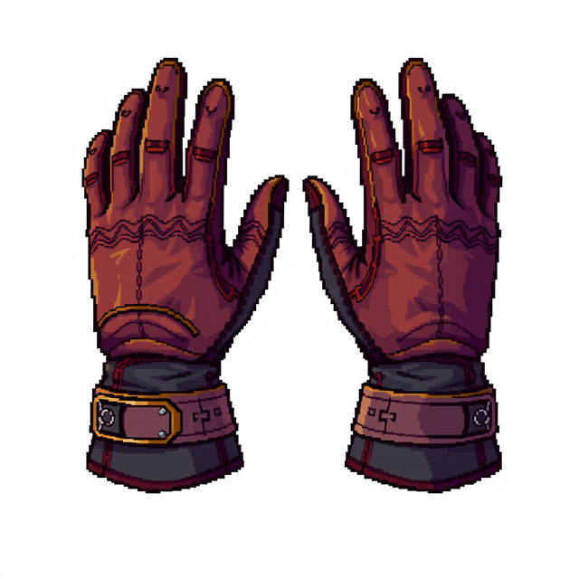 Pixel art of a pair of gloves, highly detailed, 32x32 pixel dimensions, vibrant colors, intricate shading, distinct features like stitches and fabric texture, one glove open and one closed to showcase different perspectives, centered on a neutral background for gaming asset use