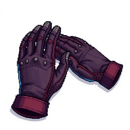 Pixel art of a pair of gloves, highly detailed, 32x32 pixel dimensions, vibrant colors, intricate shading, distinct features like stitches and fabric texture, one glove open and one closed to showcase different perspectives, centered on a neutral background for gaming asset use