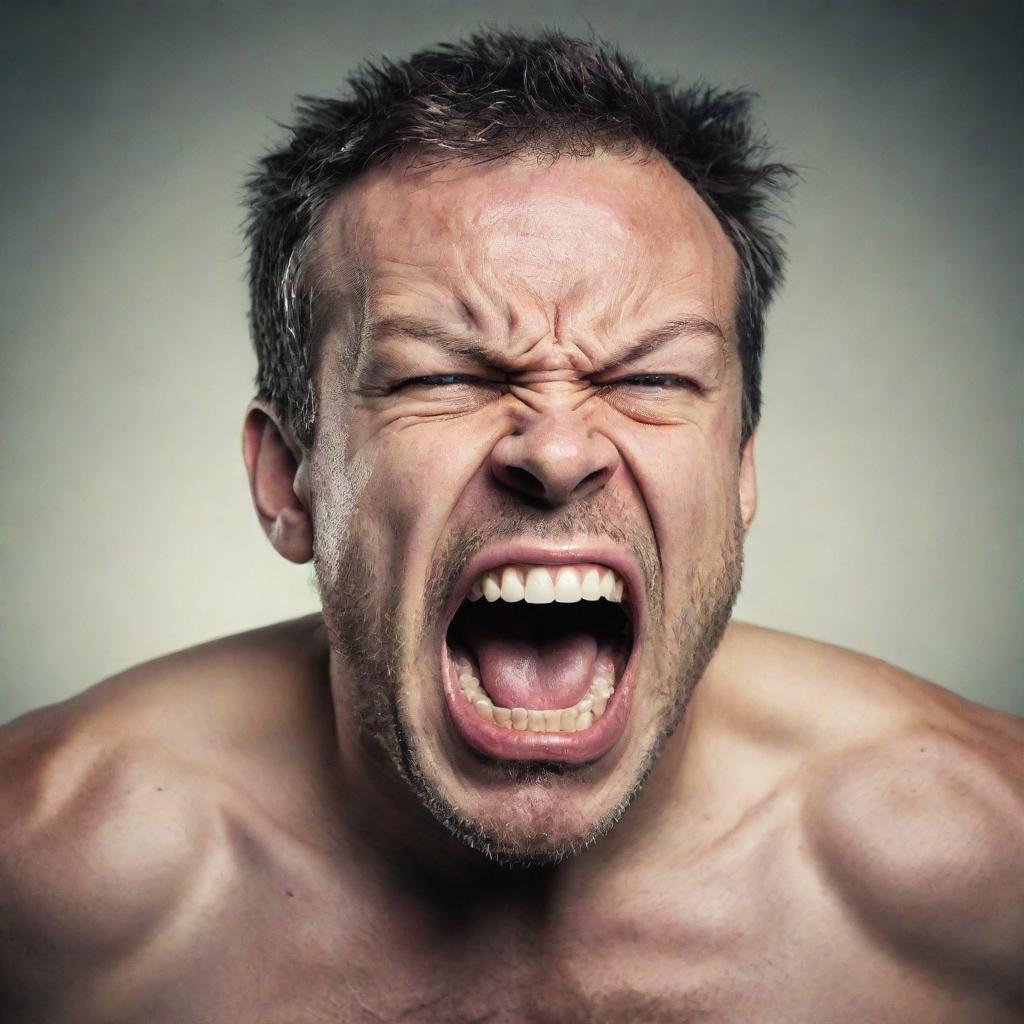 An intense depiction of a furious individual engaged in a loud outcry, featuring contorted facial expressions displaying raw emotion and strength.