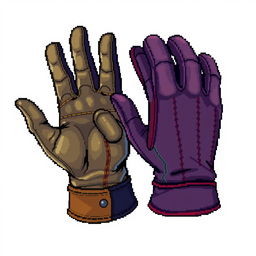 Pixel art of a pair of gloves, highly detailed, 32x32 pixel dimensions, vibrant colors, intricate shading, distinct features like stitches and fabric texture, one glove open and one closed to showcase different perspectives, centered on a neutral background for gaming asset use