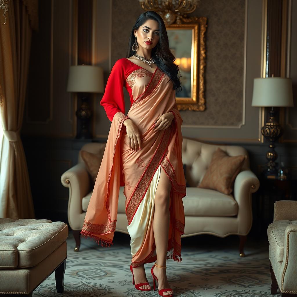 An Indonesian supermodel displays elegance and allure in a muga, cream, and red Mekhela Chadar with a red blouse and high heels