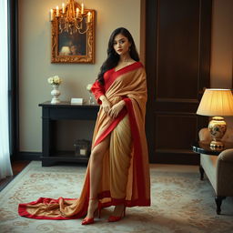 An Indonesian supermodel displays elegance and allure in a muga, cream, and red Mekhela Chadar with a red blouse and high heels