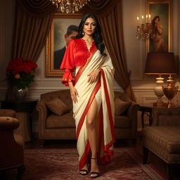 An Indonesian supermodel displays elegance and allure in a muga, cream, and red Mekhela Chadar with a red blouse and high heels