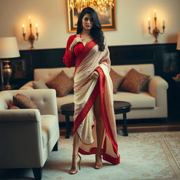 An Indonesian supermodel displays elegance and allure in a muga, cream, and red Mekhela Chadar with a red blouse and high heels