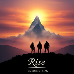 Four silhouetted adventurers standing on a ridge, gazing intently toward a majestic and mystical mountain, perfectly centered in the image, on the horizon