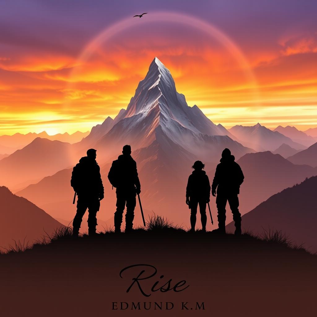 Four silhouetted adventurers standing on a ridge, gazing intently toward a majestic and mystical mountain, perfectly centered in the image, on the horizon