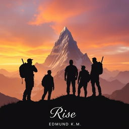 Four silhouetted adventurers standing on a ridge, gazing intently toward a majestic and mystical mountain, perfectly centered in the image, on the horizon