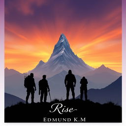 Four silhouetted adventurers standing on a ridge, gazing intently toward a majestic and mystical mountain, perfectly centered in the image, on the horizon