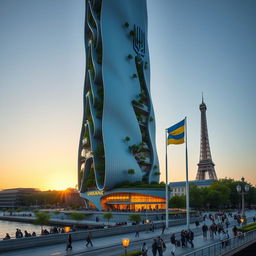 A fully visible bionically shaped skyscraper with smooth lines and zigzags, standing in Paris