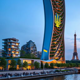 A fully visible bionically shaped skyscraper with smooth lines and zigzags, standing in Paris