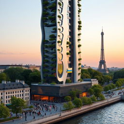 A fully visible bionically shaped skyscraper with smooth lines and zigzags, standing in Paris