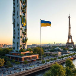 A fully visible bionically shaped skyscraper with smooth lines and zigzags, standing in Paris