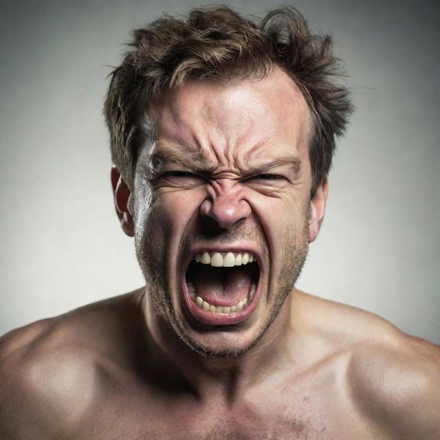 An intense depiction of a furious individual engaged in a loud outcry, featuring contorted facial expressions displaying raw emotion and strength.