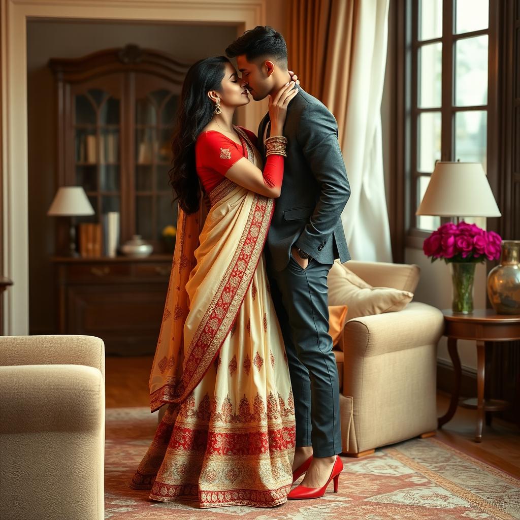 Indonesian supermodel with a captivating presence, elegantly dressed in a muga, cream, and red Mekhela Chadar with a red blouse and high heels