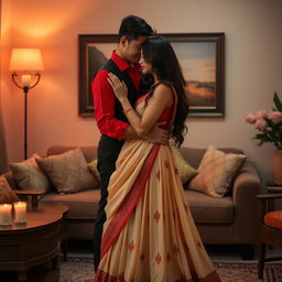 Indonesian supermodel with a captivating presence, elegantly dressed in a muga, cream, and red Mekhela Chadar with a red blouse and high heels