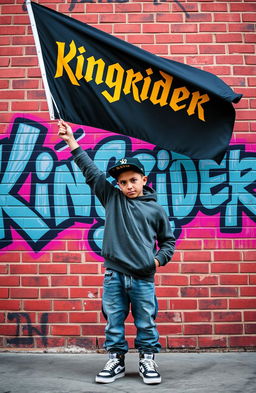 A hip-hop boy holding a flag proudly, raising it high