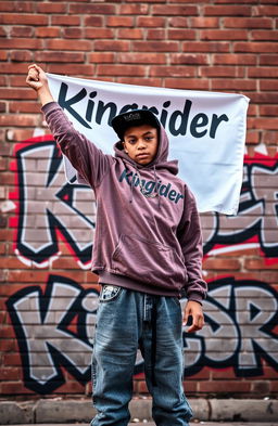 A hip-hop boy holding a flag proudly, raising it high