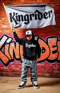 A hip-hop boy holding a flag proudly, raising it high