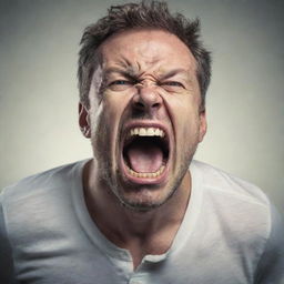 An intense depiction of a furious individual engaged in a loud outcry, featuring contorted facial expressions displaying raw emotion and strength.