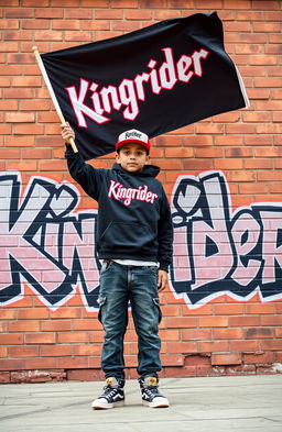 A hip-hop boy holding a flag proudly, raising it high