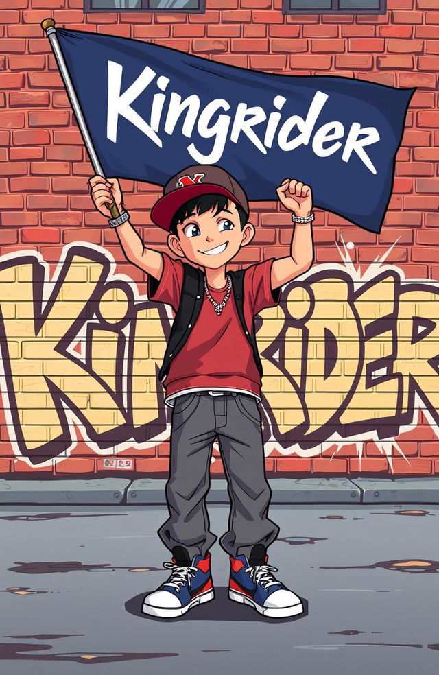 An animated style image featuring a confident hip-hop boy holding a flag in his hand, raising it high