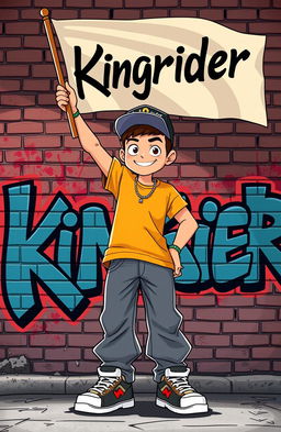 An animated style image featuring a confident hip-hop boy holding a flag in his hand, raising it high