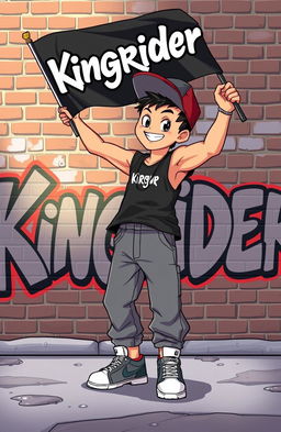 An animated style image featuring a confident hip-hop boy holding a flag in his hand, raising it high