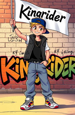 An animated style image featuring a confident hip-hop boy holding a flag in his hand, raising it high