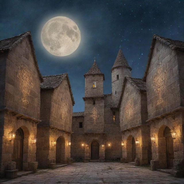 An ancient magical city, with glowing arcane sigils etched into weathered stone buildings, under a starry sky.