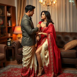 Indonesian pornstar supermodel with alluring curves, elegantly dressed in a muga, cream, and red Mekhela Chadar with a red blouse and high heels