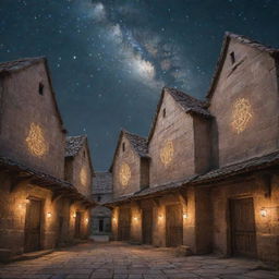 An ancient magical city, with glowing arcane sigils etched into weathered stone buildings, under a starry sky.