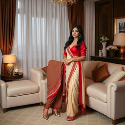 Indonesian pornstar supermodel with a confident allure, dressed in a muga, cream, and red Mekhela Chadar with a red blouse and high heels