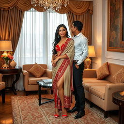 Indonesian pornstar supermodel with a confident allure, dressed in a muga, cream, and red Mekhela Chadar with a red blouse and high heels