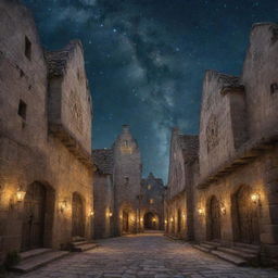 An ancient magical city, with glowing arcane sigils etched into weathered stone buildings, under a starry sky.