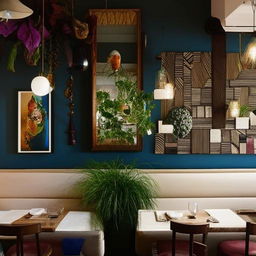 A restaurant interior wall adorned with eclectic and tasteful decor. Pieces include vintage framed paintings, stylish mirrors, hanging plants, and unique wall-mounted sculptures, creating a visually compelling and intimate dining atmosphere.