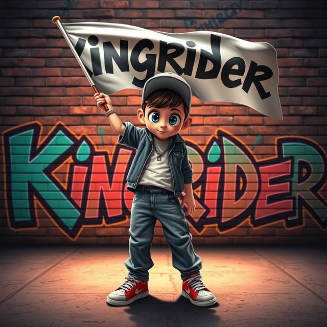 A hip-hop movie animation style image showcasing a charismatic hip-hop boy with striking blue eyes, energetically raising a flag